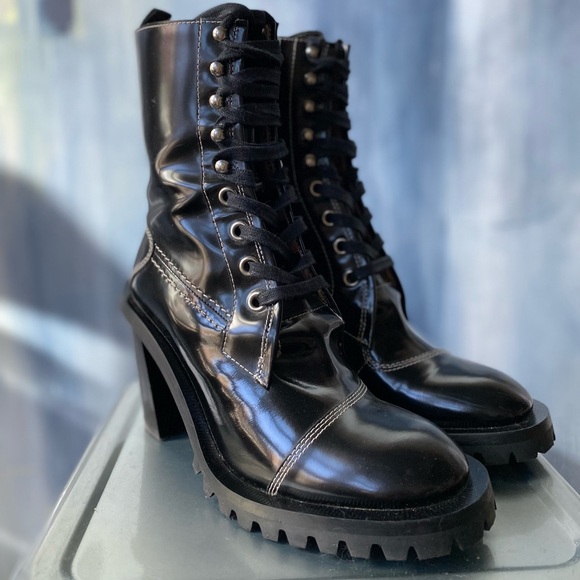 Acne Studios Shoes - Acne Studios Black Leather Heeled Combat Boots Lug Sole Zip Made in Italy EU 39